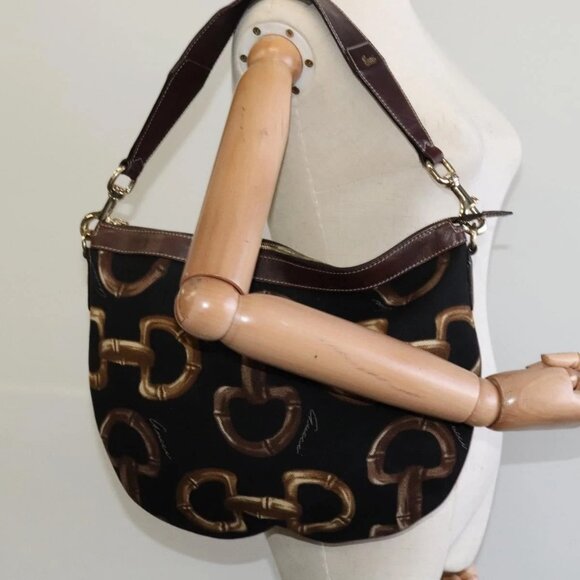 GUCCI Horsebit Shoulder Bag Canvas Black 153032 Auth - Picture 1 of 15